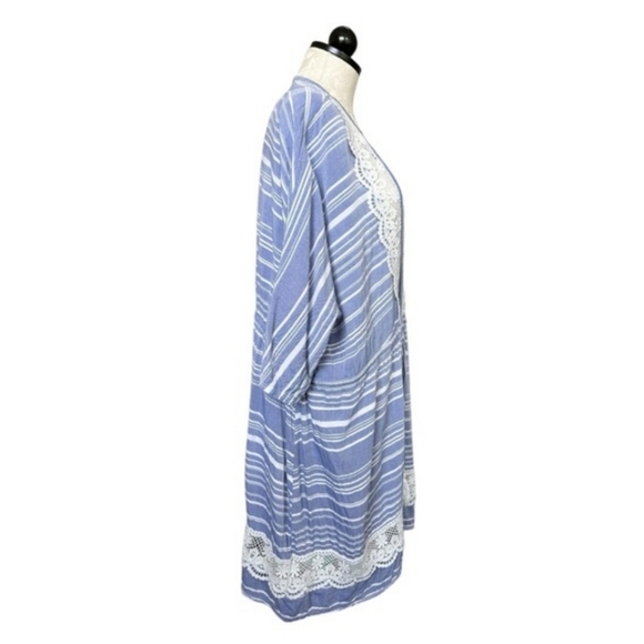 Dotti Tassel Tunic Striped Cover Up Blue White Crocheted Lace Trim Drawstring 1X - Picture 10 of 13